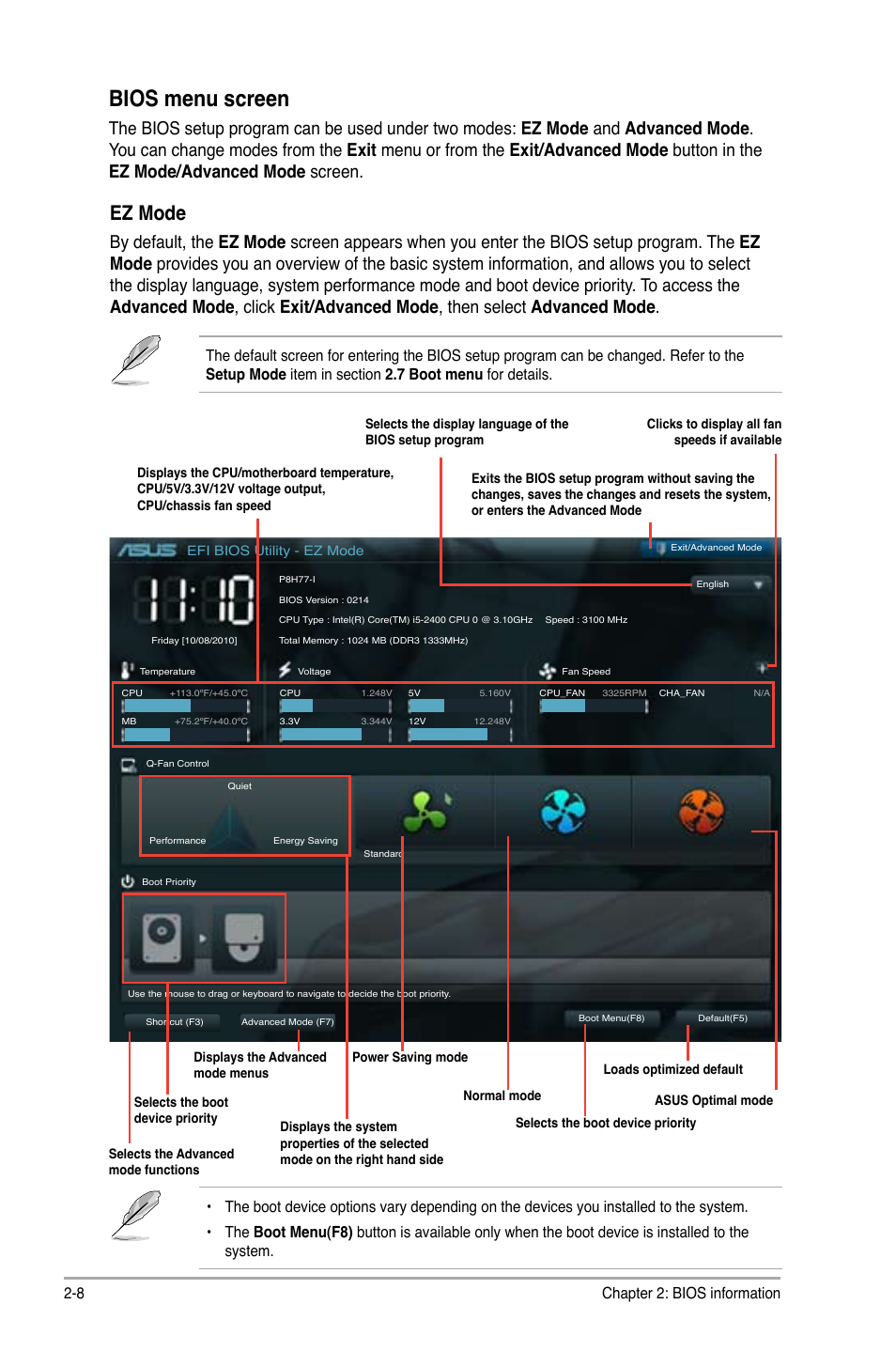 Bios menu screen, Ez mode, Chapter 2: bios information 2-8 | Asus P8H77-I User Manual | Page 50 / 74