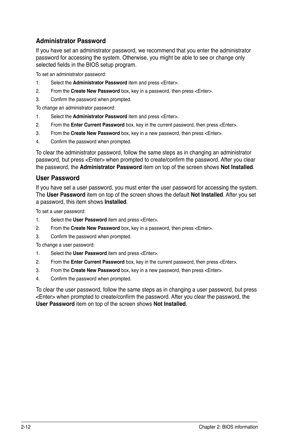 Administrator password, User password | Asus P8H77-I User Manual | Page 54 / 74