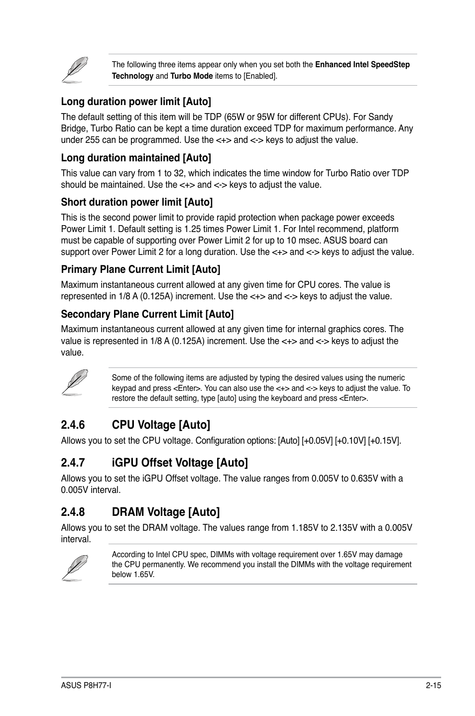 6 cpu voltage [auto, 7 igpu offset voltage [auto, 8 dram voltage [auto | Cpu voltage [auto] -15, Igpu offset voltage [auto] -15, Dram voltage [auto] -15 | Asus P8H77-I User Manual | Page 57 / 74