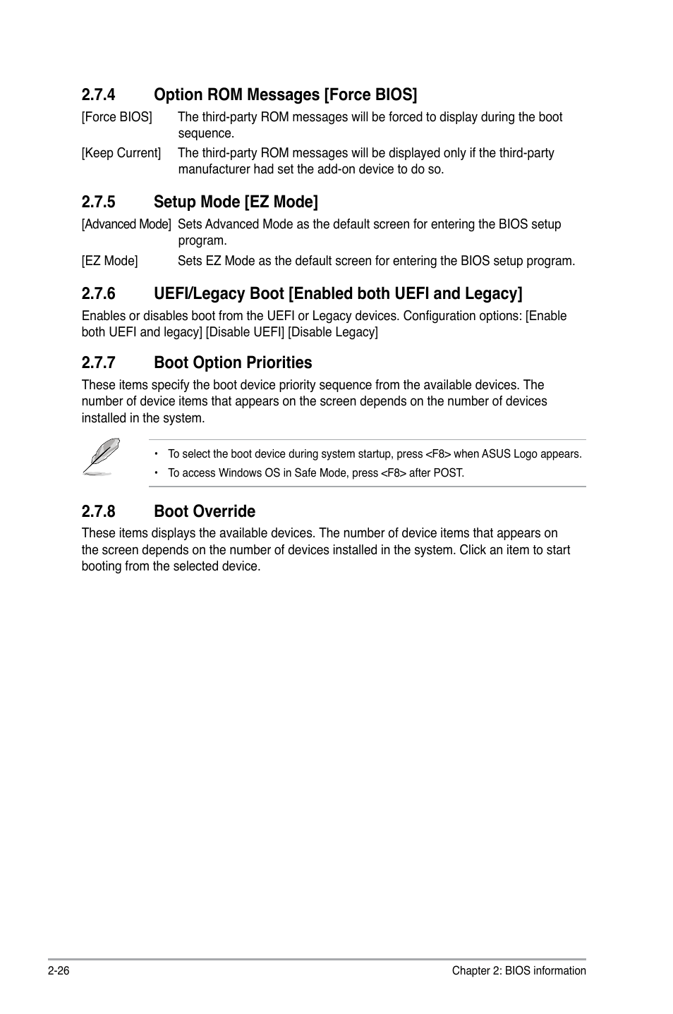 4 option rom messages [force bios, 5 setup mode [ez mode, 6 uefi/legacy boot [enabled both uefi and legacy | 7 boot option priorities, 8 boot override, Option rom messages [force bios] -26, Setup mode [ez mode] -26, Boot option priorities -26, Boot override -26 | Asus P8H77-I User Manual | Page 68 / 74