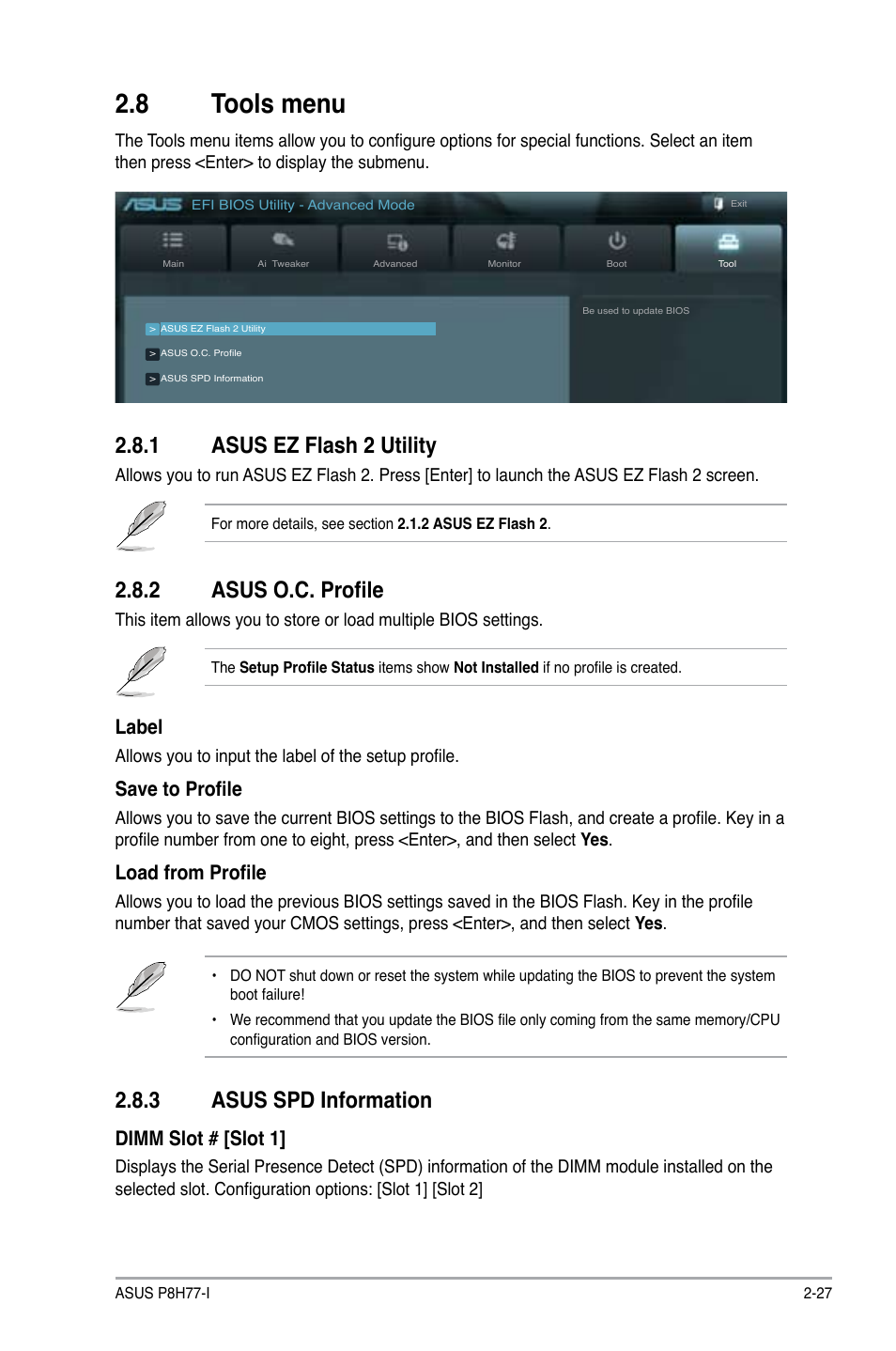 8 tools menu, 1 asus ez flash 2 utility, 2 asus o.c. profile | 3 asus spd information, Tools menu -27 2.8.1, Asus ez flash 2 utility -27, Asus o.c. profile -27, Asus spd information -27, Label, Save to profile | Asus P8H77-I User Manual | Page 69 / 74