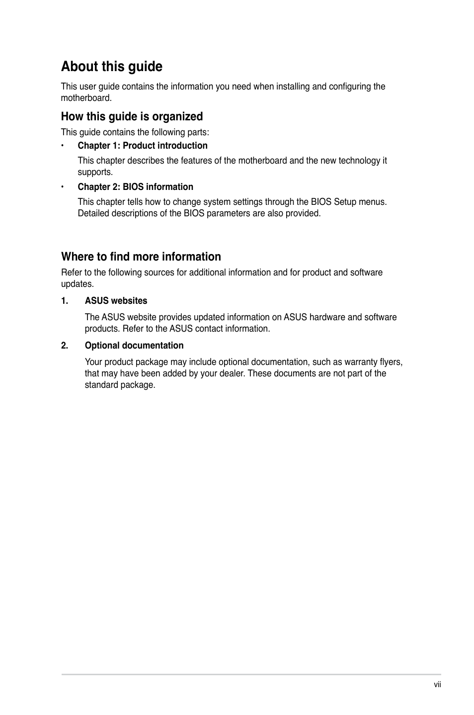 About this guide, Where to find more information, How this guide is organized | Asus P8H77-I User Manual | Page 7 / 74
