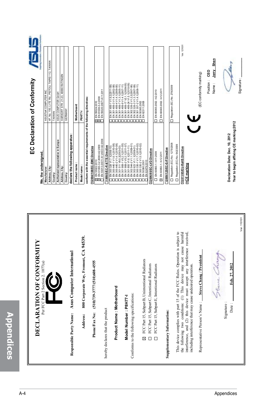 Appendices, Ec declaration of conformity, Declaration of conformity | A-4 appendices, Asu s c om pu te r in te rn at io na l | Asus P8H77-I User Manual | Page 74 / 74