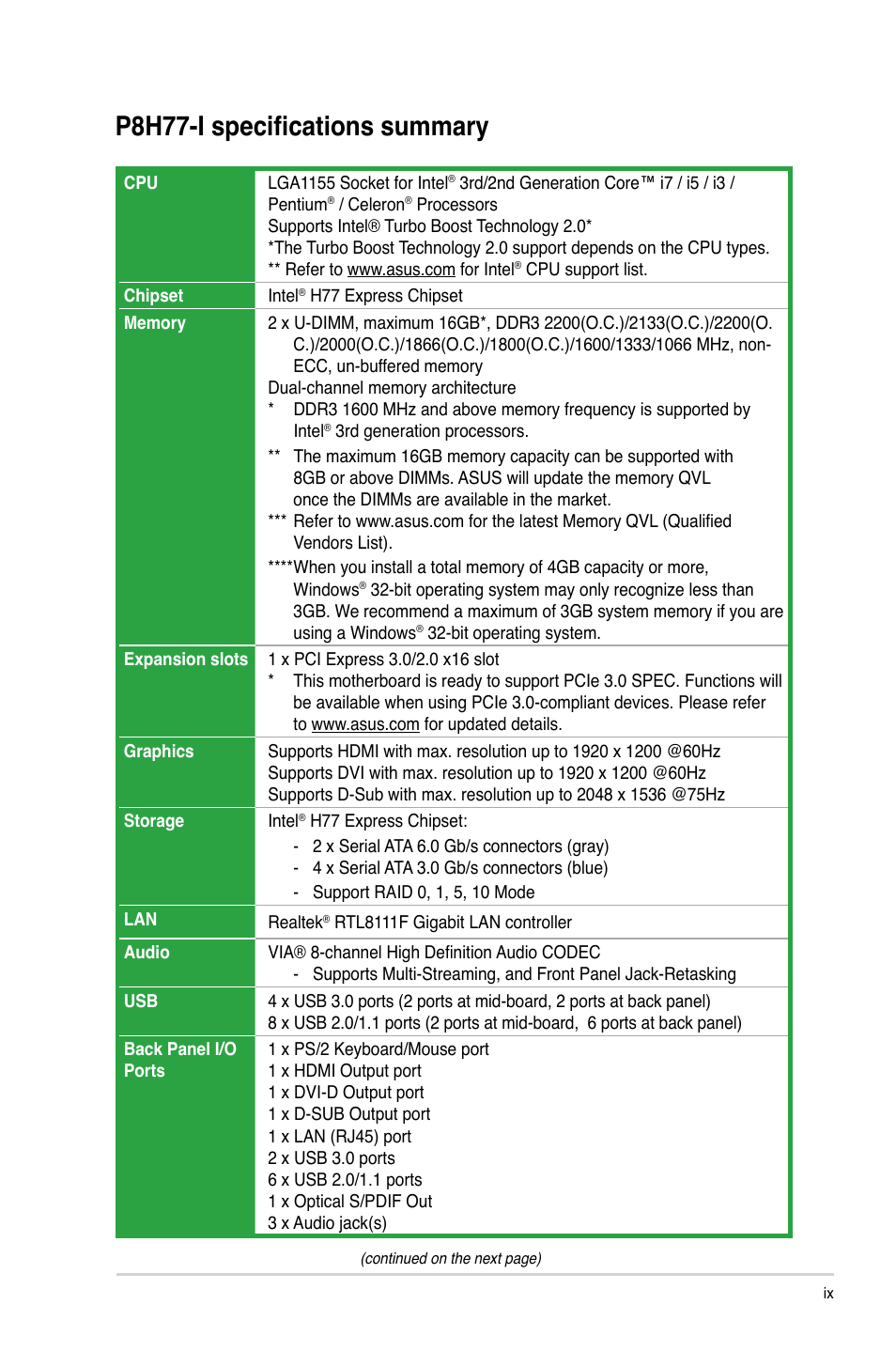 P8h77-i specifications summary | Asus P8H77-I User Manual | Page 9 / 74