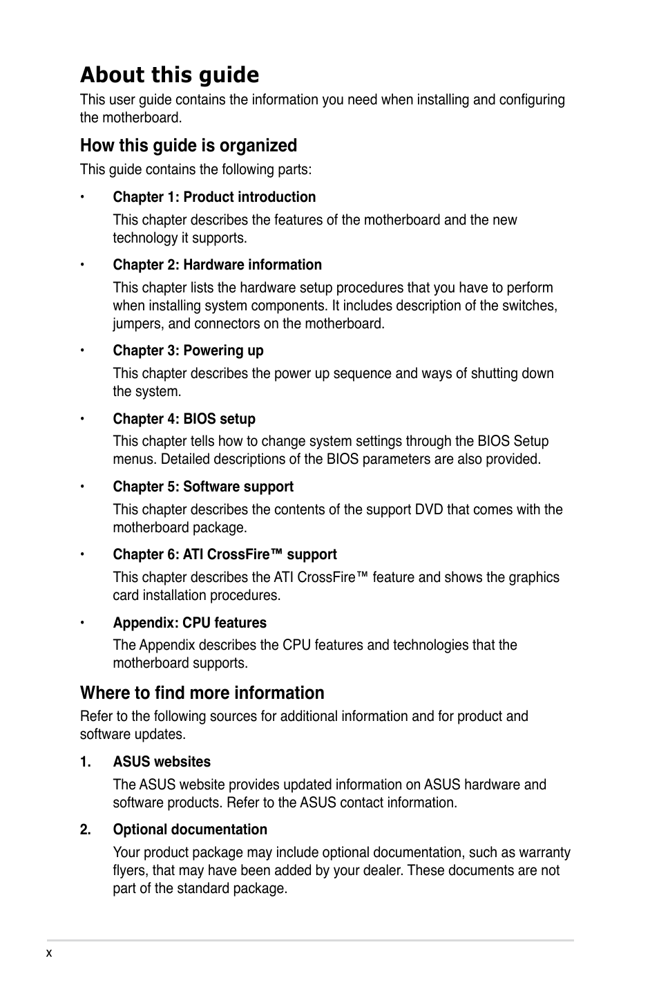 About this guide, How this guide is organized, Where to find more information | Asus P5E WS Professional User Manual | Page 10 / 172