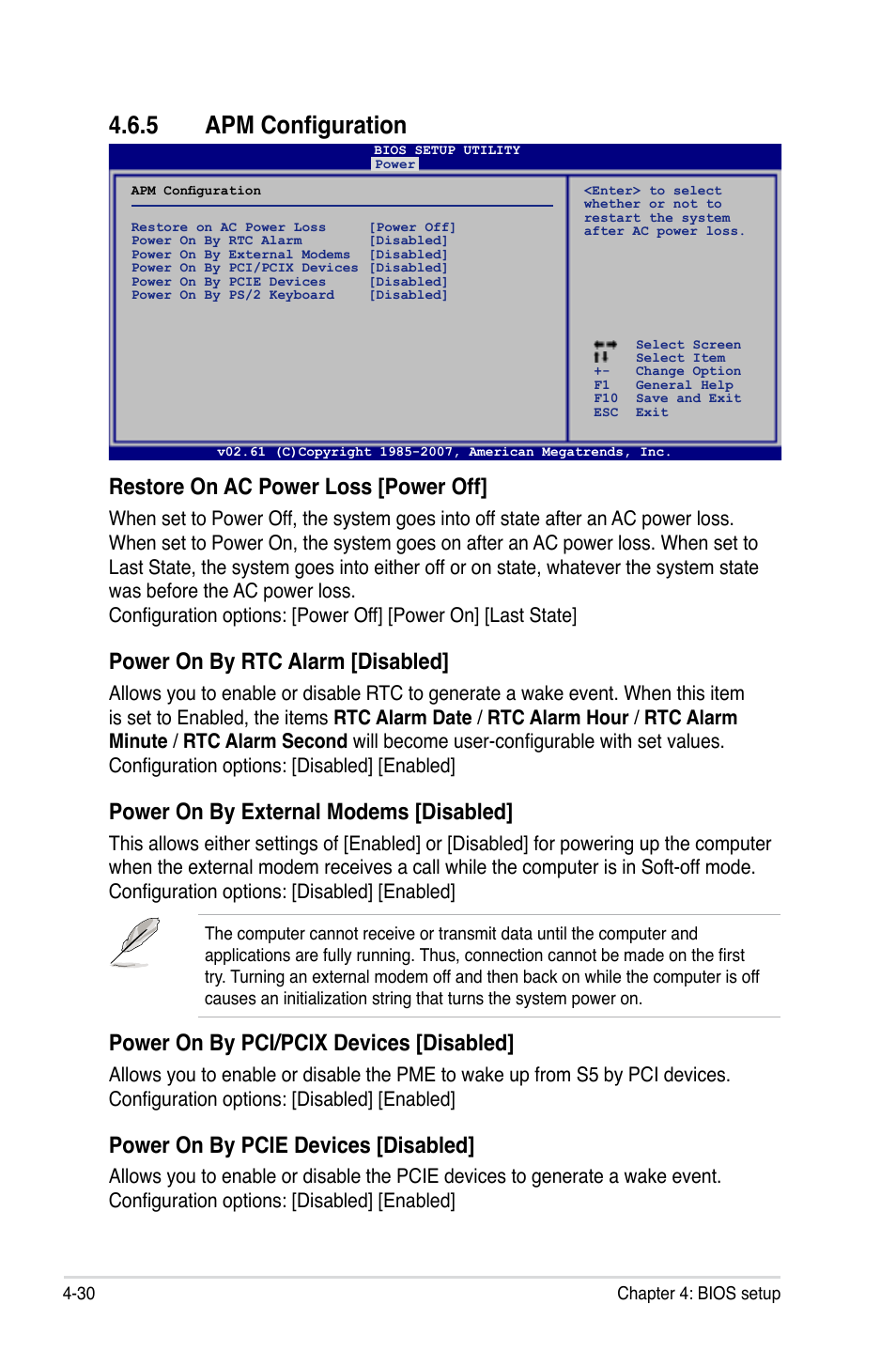 5 apm configuration, Restore on ac power loss [power off, Power on by rtc alarm [disabled | Power on by external modems [disabled, Power on by pci/pcix devices [disabled, Power on by pcie devices [disabled | Asus P5E WS Professional User Manual | Page 100 / 172