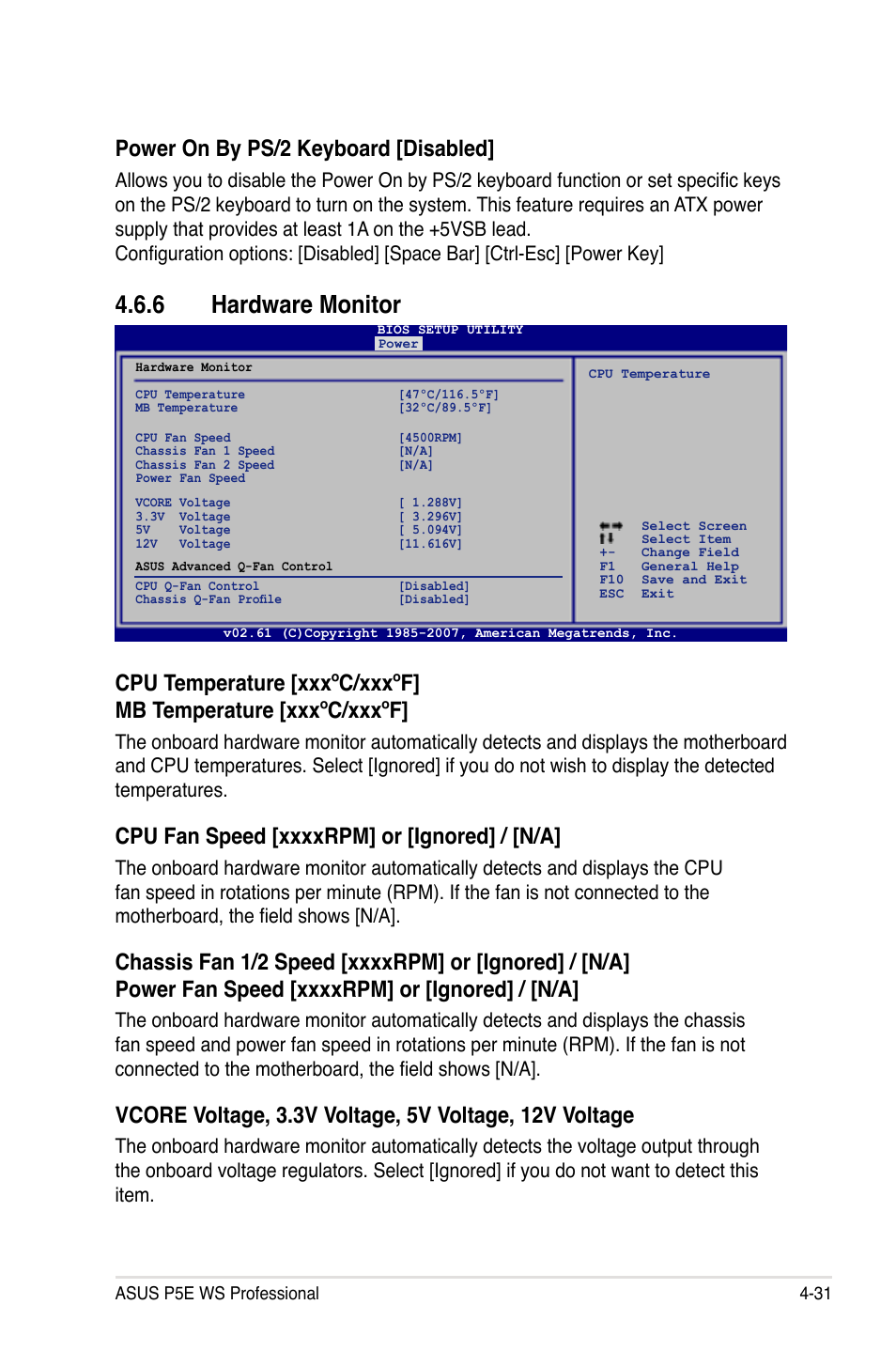 6 hardware monitor, Power on by ps/2 keyboard [disabled | Asus P5E WS Professional User Manual | Page 101 / 172