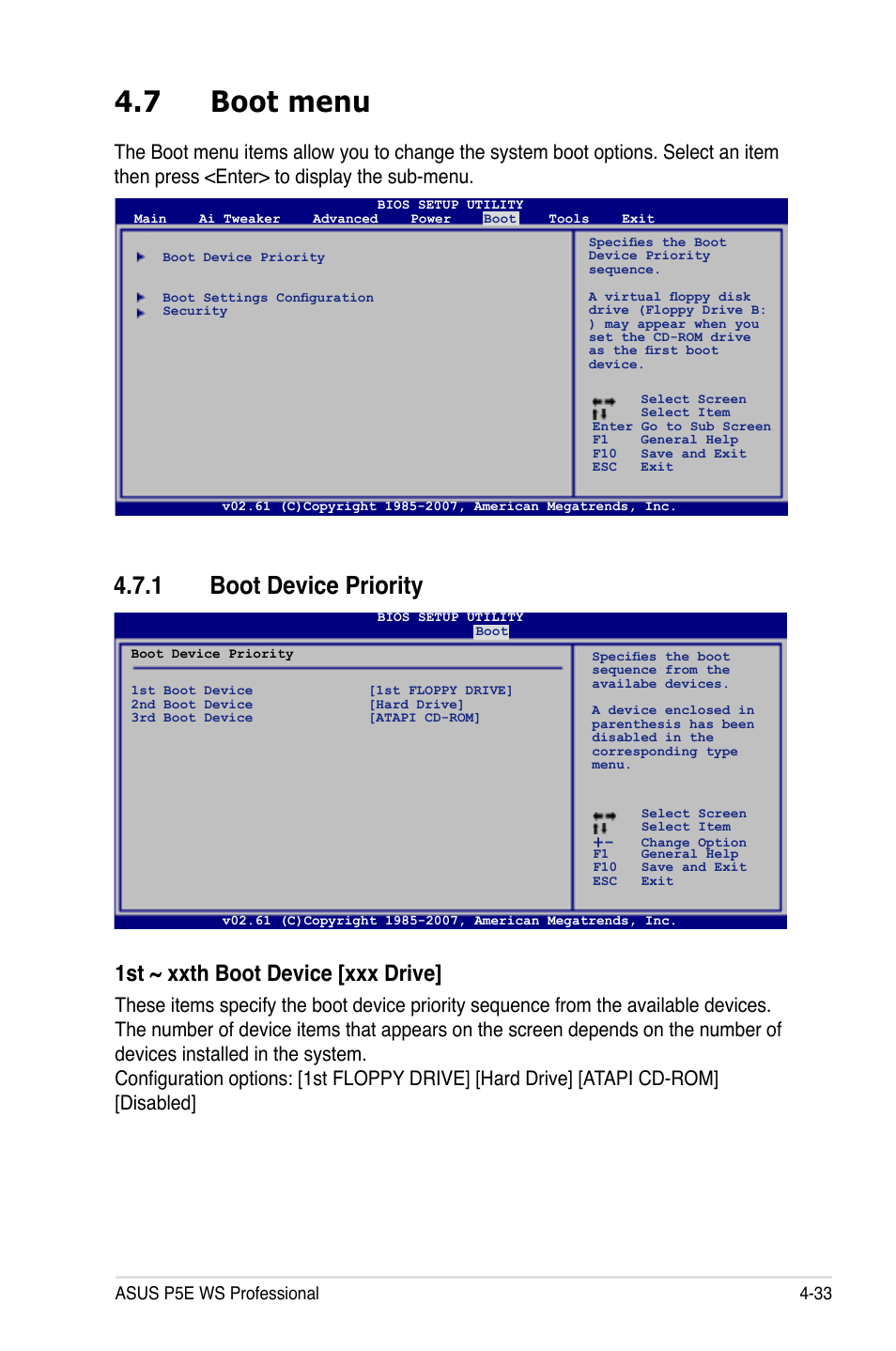 7 boot menu, 1 boot device priority, 1st ~ xxth boot device [xxx drive | Asus P5E WS Professional User Manual | Page 103 / 172