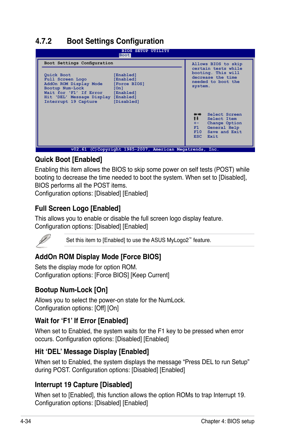 2 boot settings configuration, Quick boot [enabled, Full screen logo [enabled | Addon rom display mode [force bios, Bootup num-lock [on, Wait for ‘f1’ if error [enabled, Hit ‘del’ message display [enabled, Interrupt 19 capture [disabled | Asus P5E WS Professional User Manual | Page 104 / 172