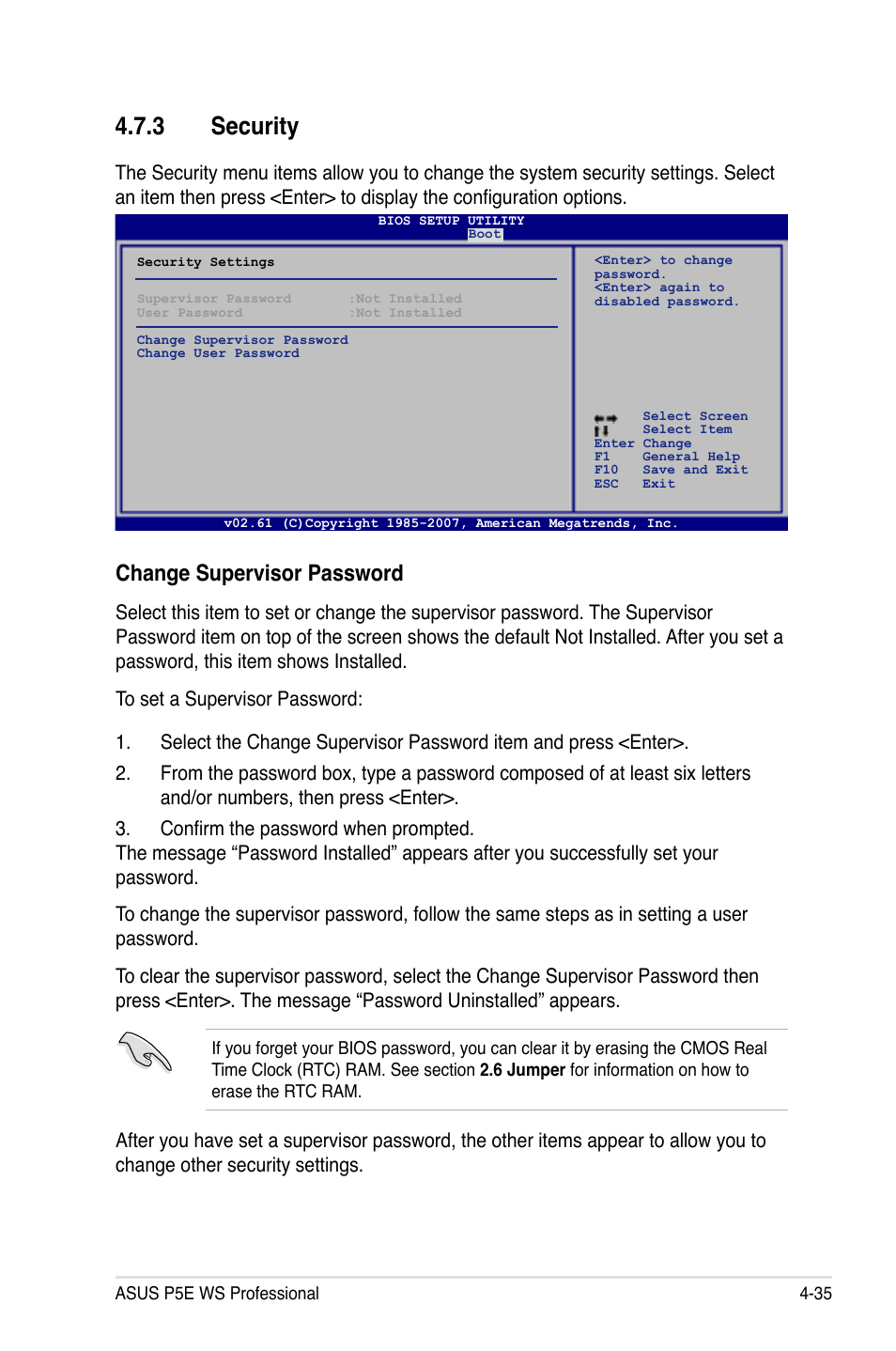 3 security, Change supervisor password | Asus P5E WS Professional User Manual | Page 105 / 172