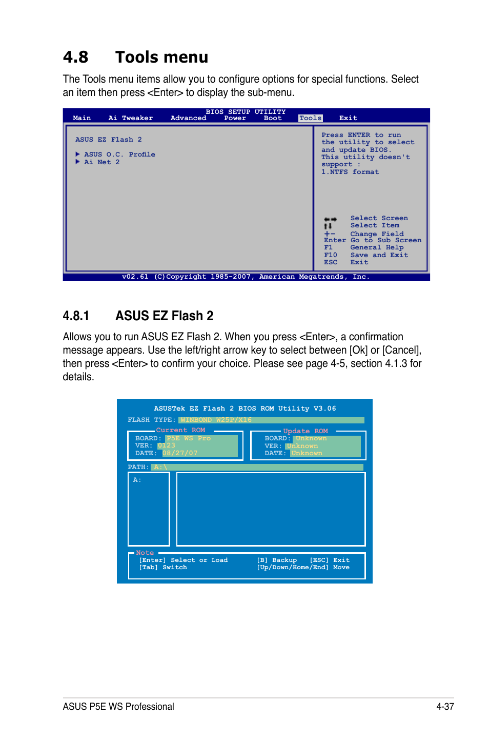 8 tools menu, 1 asus ez flash 2 | Asus P5E WS Professional User Manual | Page 107 / 172