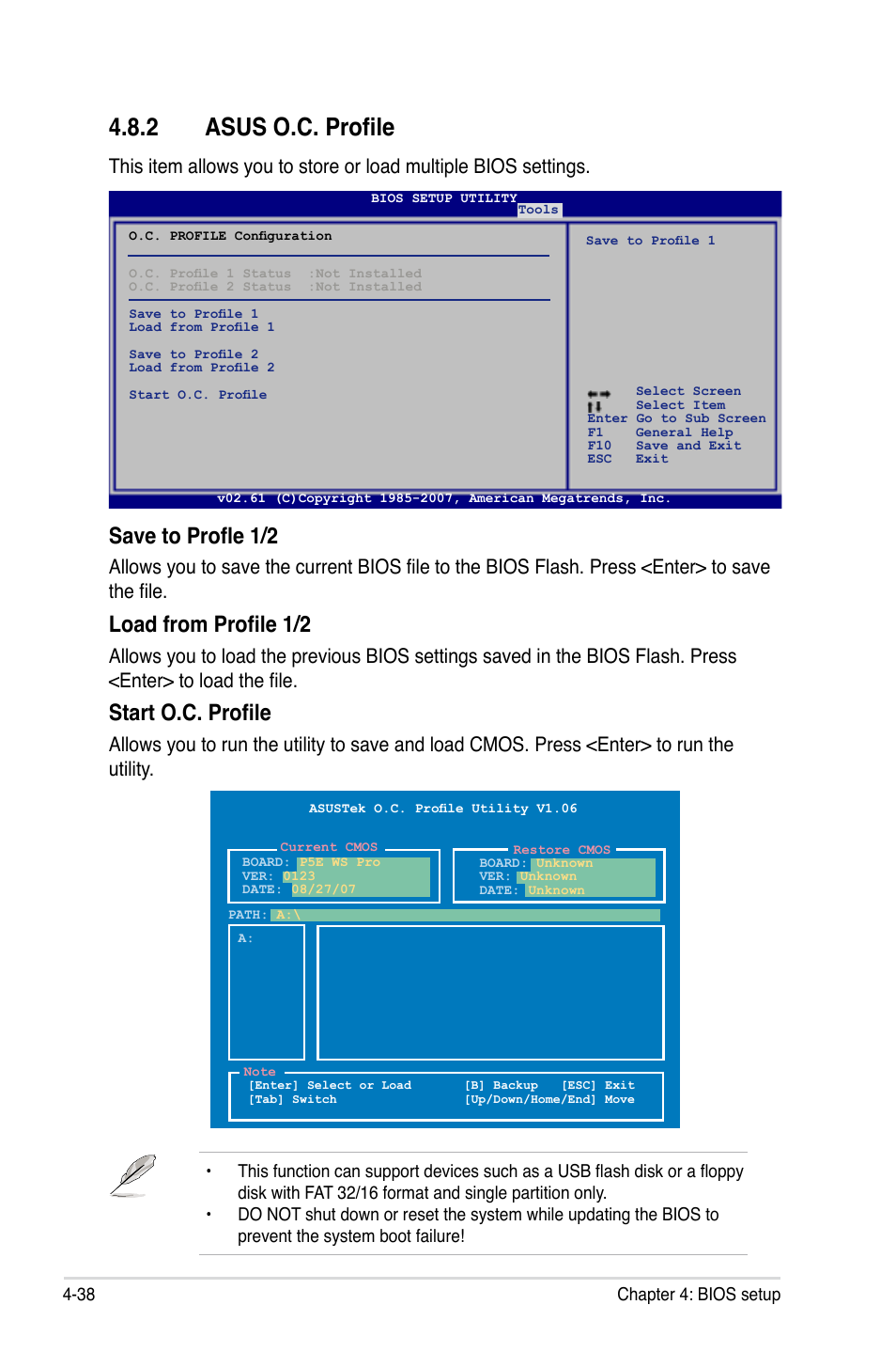 2 asus o.c. profile, Save to profle 1/2, Load from profile 1/2 | Start o.c. profile | Asus P5E WS Professional User Manual | Page 108 / 172