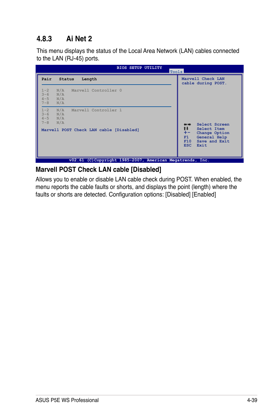 3 ai net 2, Marvell post check lan cable [disabled | Asus P5E WS Professional User Manual | Page 109 / 172