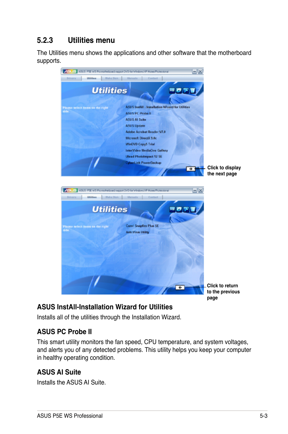 3 utilities menu, Asus install-installation wizard for utilities, Asus pc probe ii | Asus ai suite | Asus P5E WS Professional User Manual | Page 115 / 172