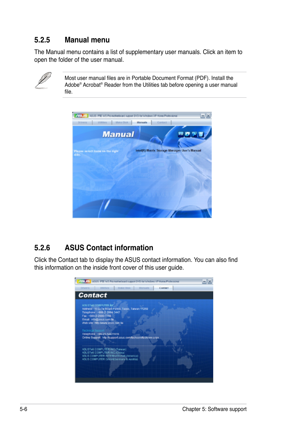 5 manual menu, 6 asus contact information | Asus P5E WS Professional User Manual | Page 118 / 172