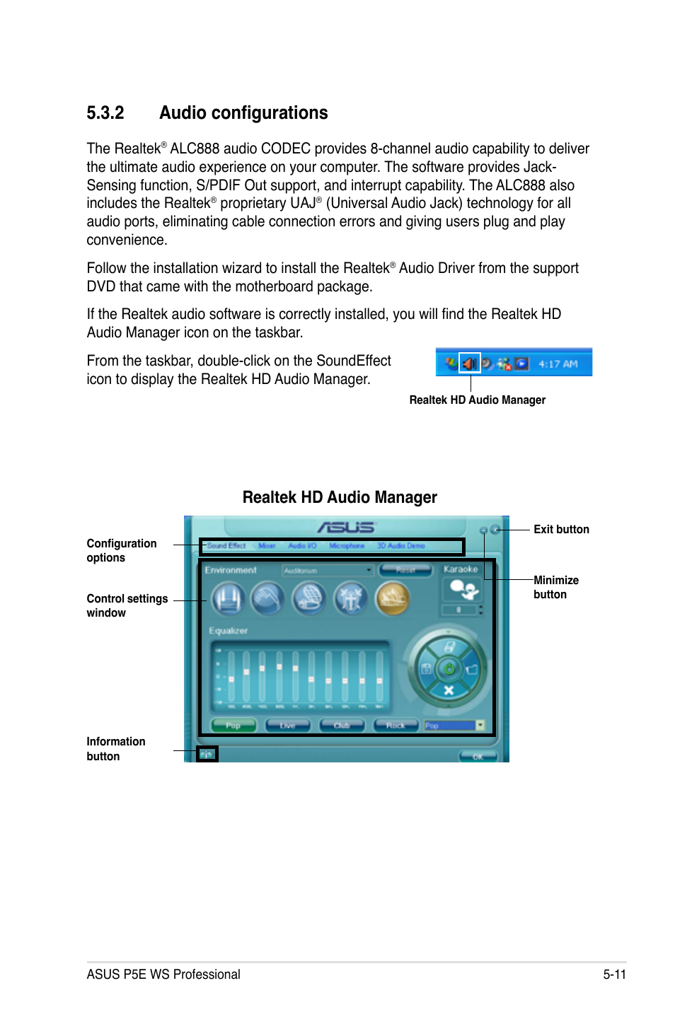 2 audio configurations, Realtek hd audio manager | Asus P5E WS Professional User Manual | Page 123 / 172