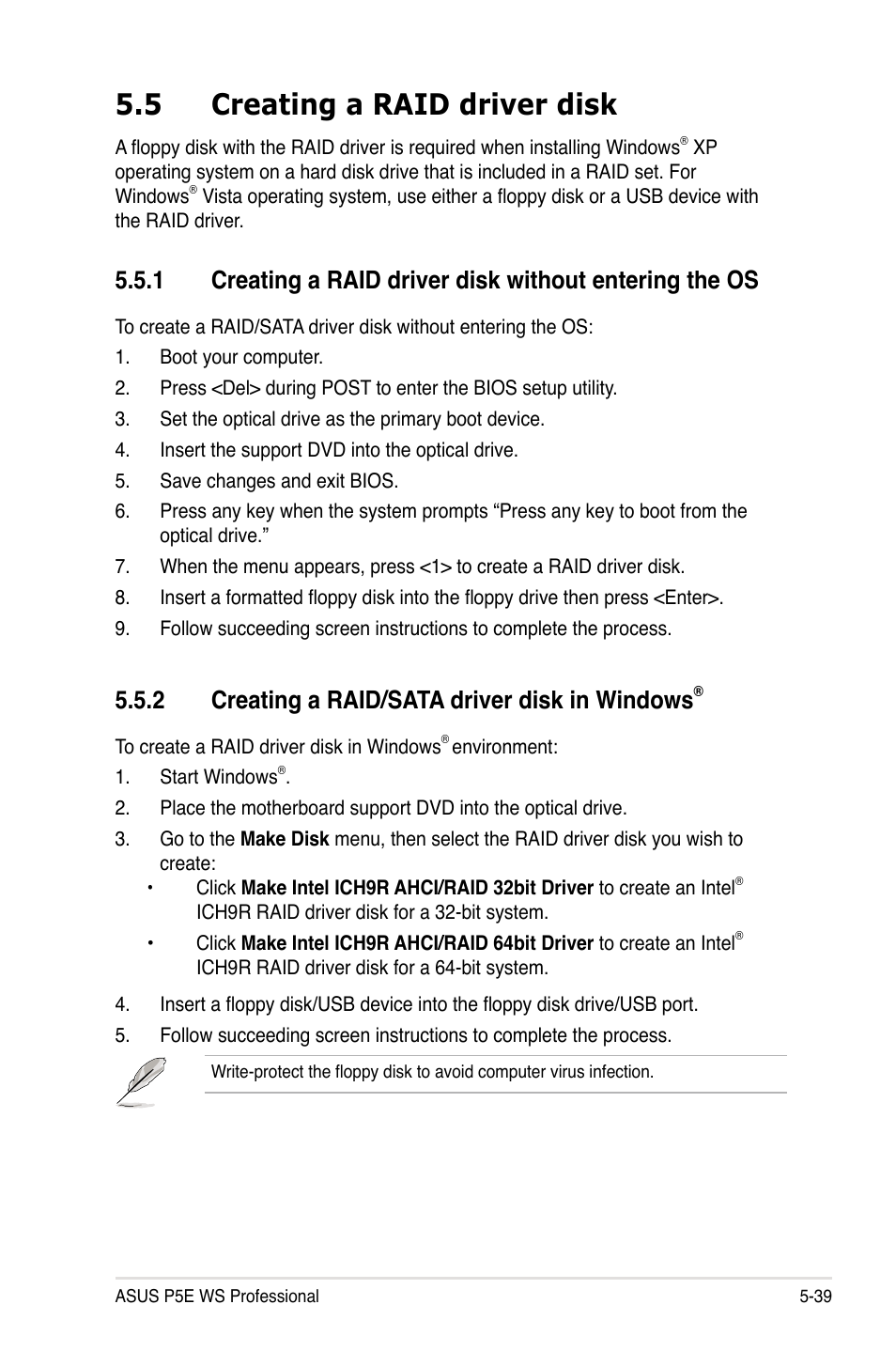 5 creating a raid driver disk, 2 creating a raid/sata driver disk in windows | Asus P5E WS Professional User Manual | Page 151 / 172