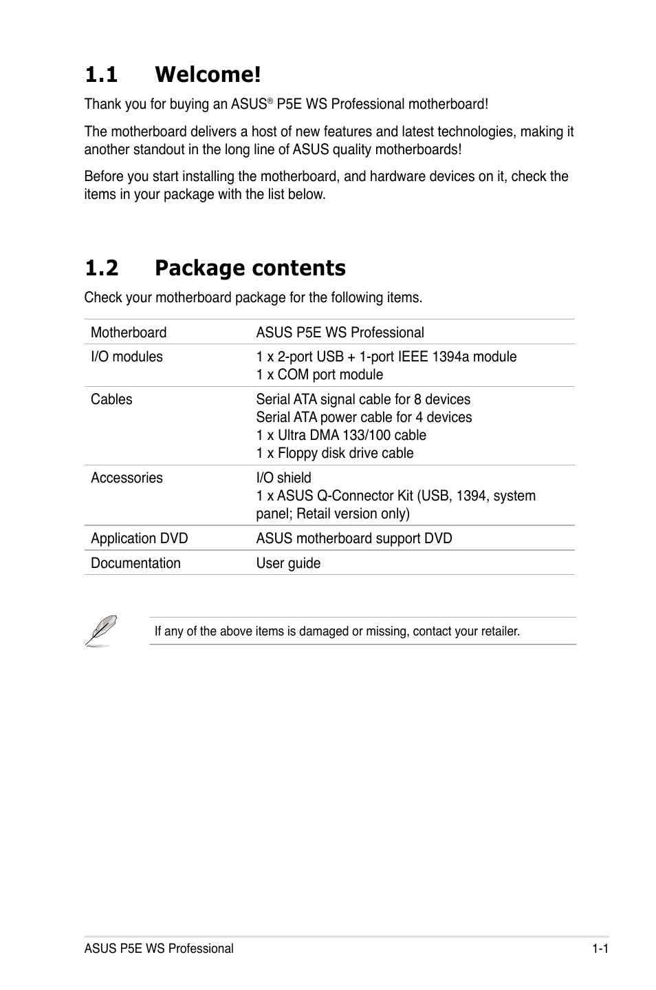 1 welcome, 2 package contents | Asus P5E WS Professional User Manual | Page 17 / 172