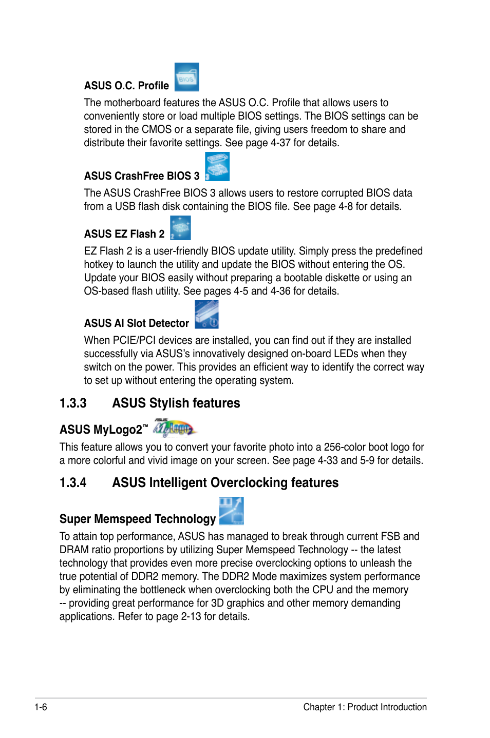 3 asus stylish features, 4 asus intelligent overclocking features | Asus P5E WS Professional User Manual | Page 22 / 172