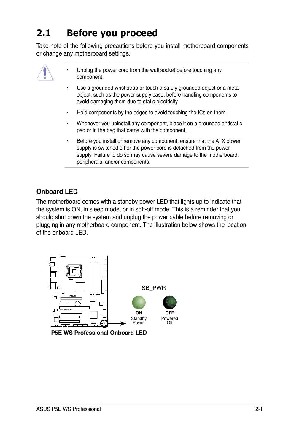 1 before you proceed, Onboard led | Asus P5E WS Professional User Manual | Page 27 / 172