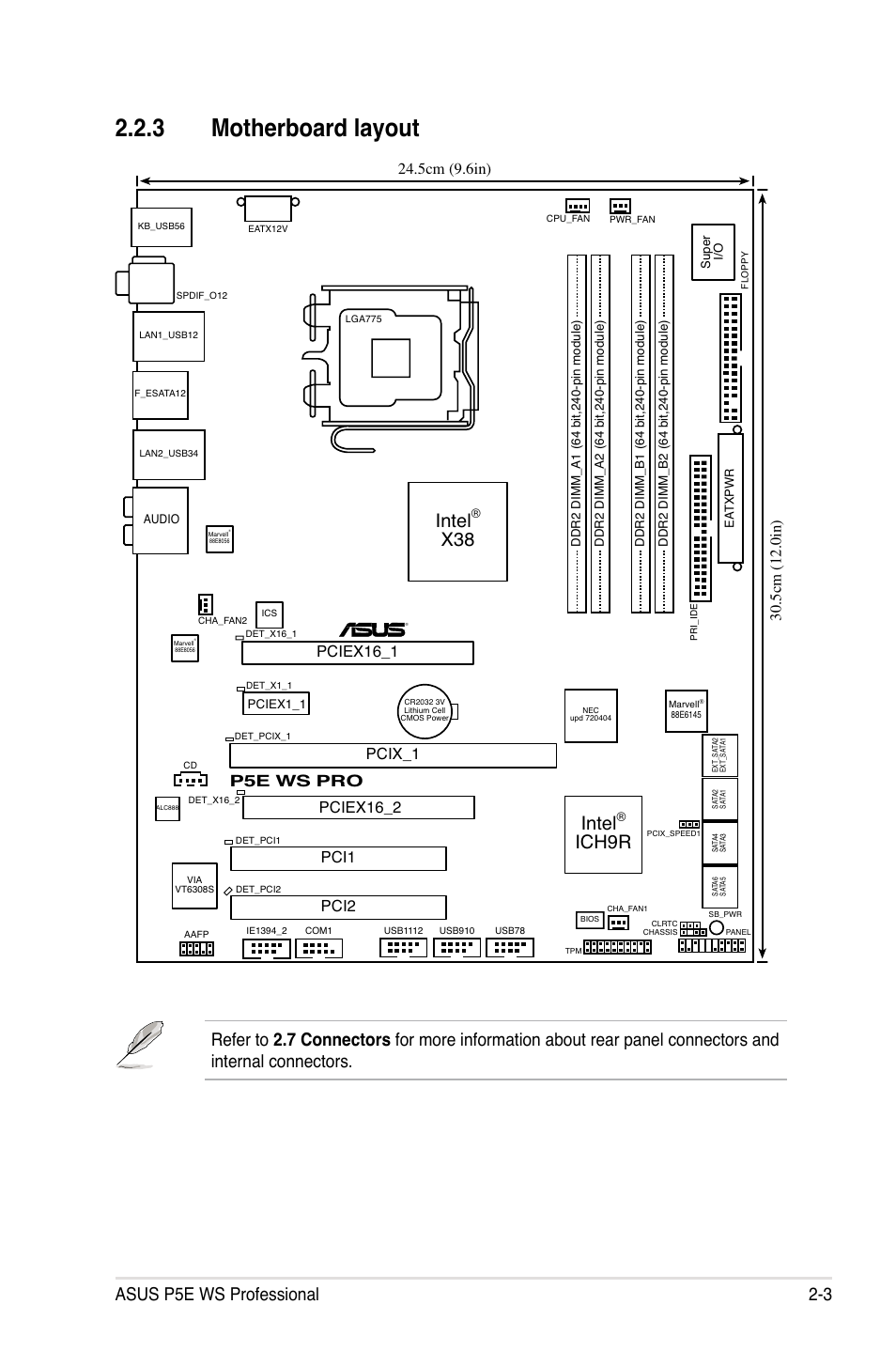 3 motherboard layout, Intel, Ich9r | Asus p5e ws professional 2-3, P5e ws pro, Pciex16_1 pci2, Pcix_1, Pciex16_2, Pci1 | Asus P5E WS Professional User Manual | Page 29 / 172