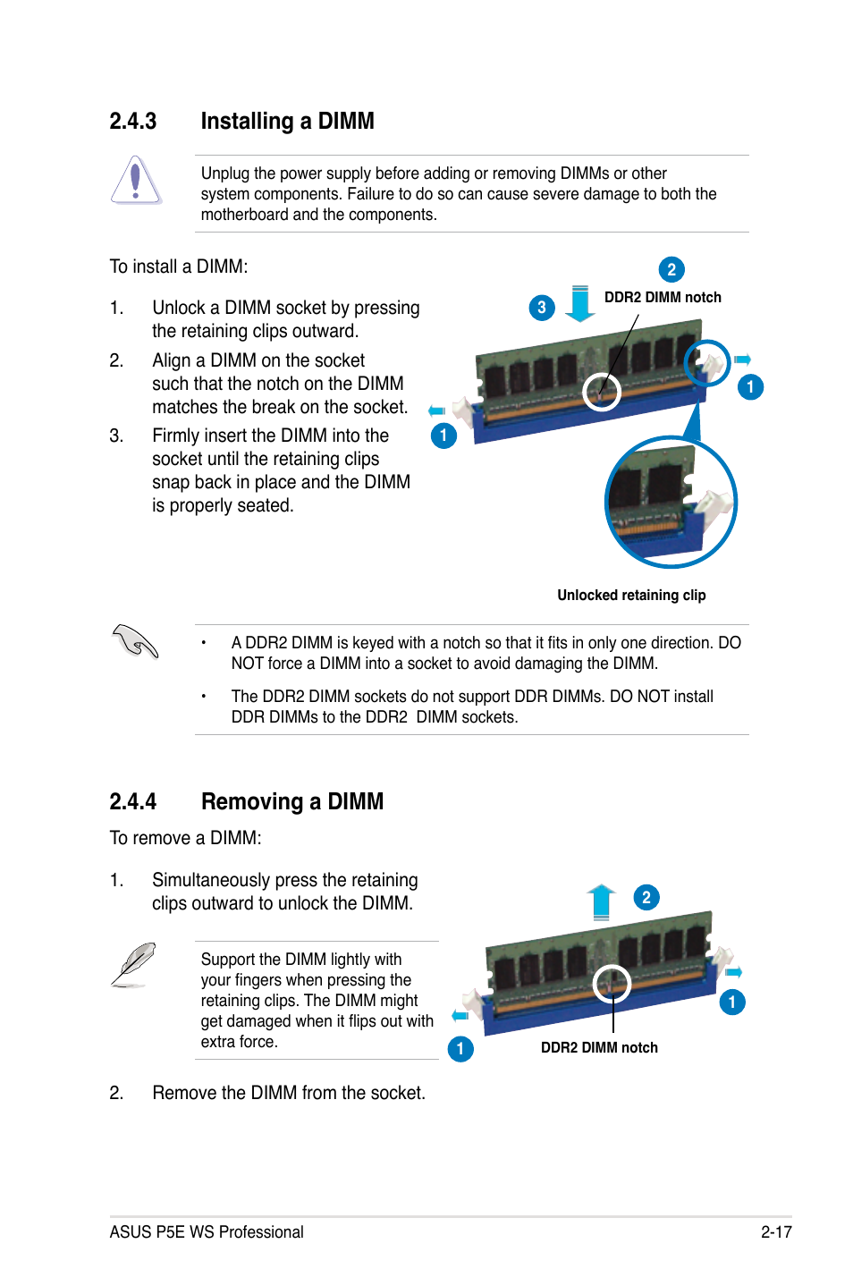 3 installing a dimm, 4 removing a dimm | Asus P5E WS Professional User Manual | Page 43 / 172
