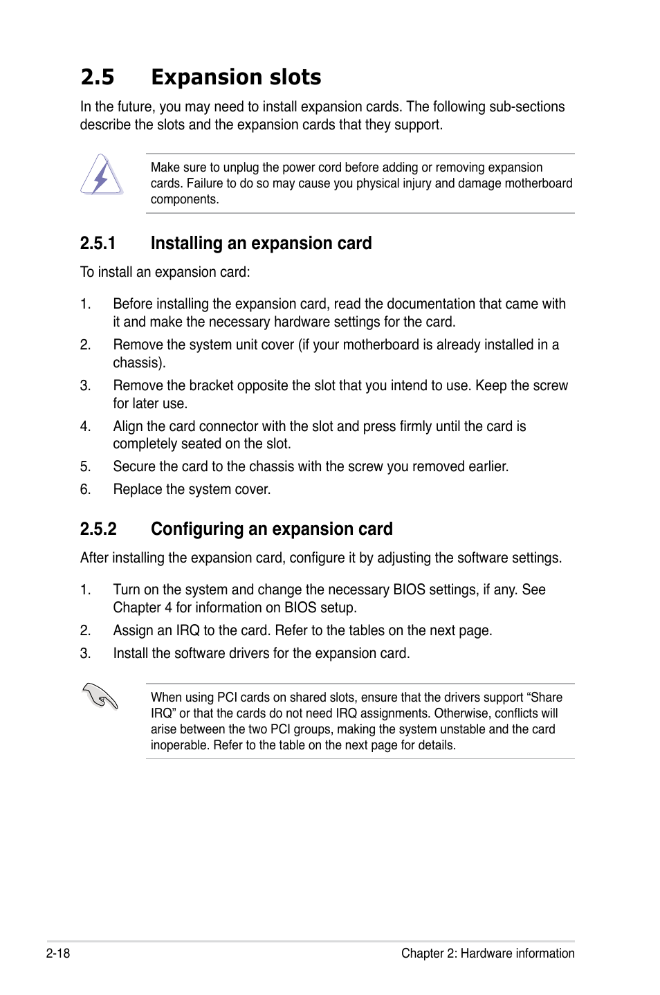 5 expansion slots, 1 installing an expansion card, 2 configuring an expansion card | Asus P5E WS Professional User Manual | Page 44 / 172