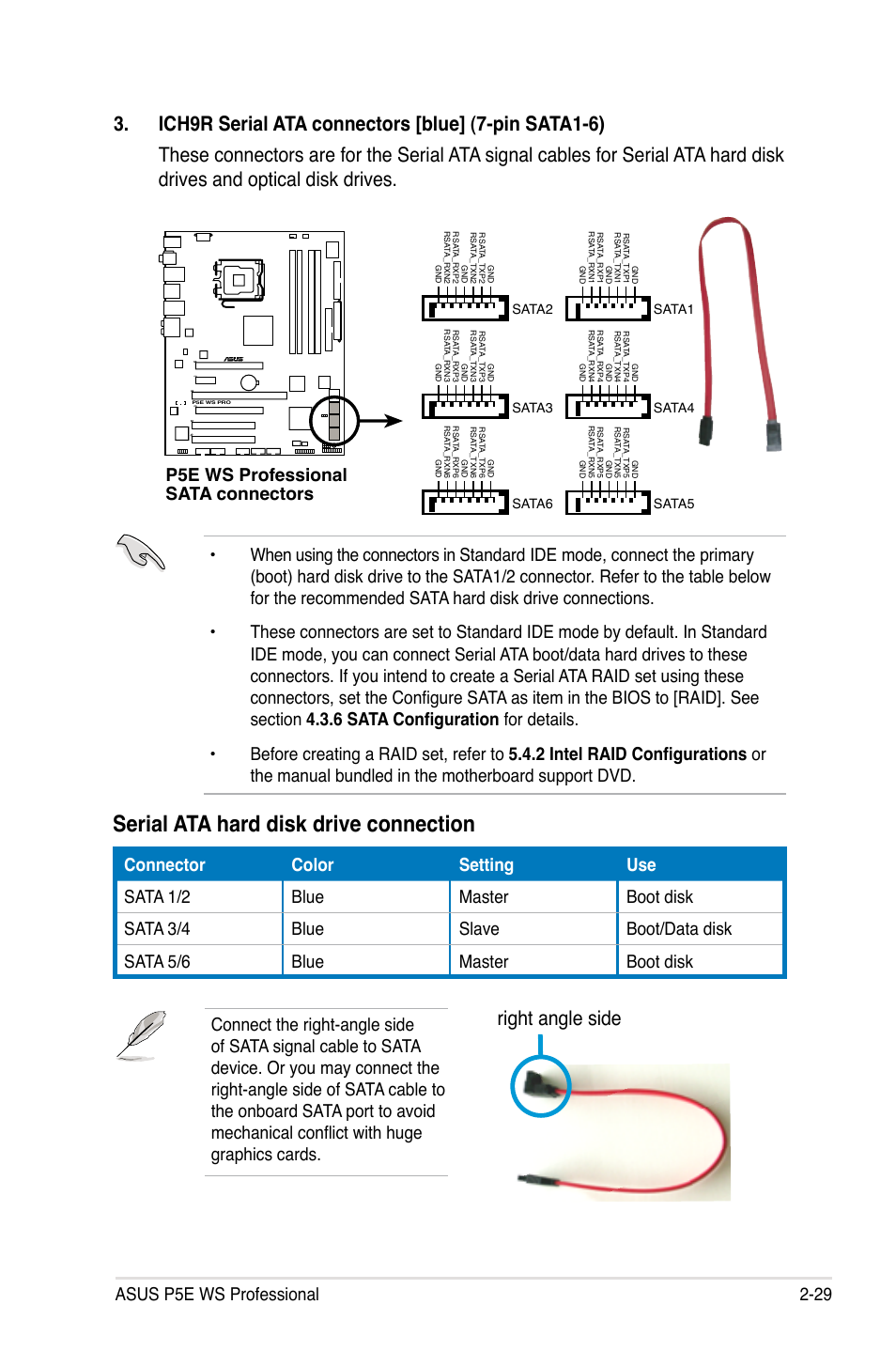 Serial ata hard disk drive connection, Right angle side, Asus p5e ws professional 2-29 | P5e ws professional sata connectors, P5b sata connectors, Sata2 sata1, Sata3 sata4, Sata6 sata5 | Asus P5E WS Professional User Manual | Page 55 / 172