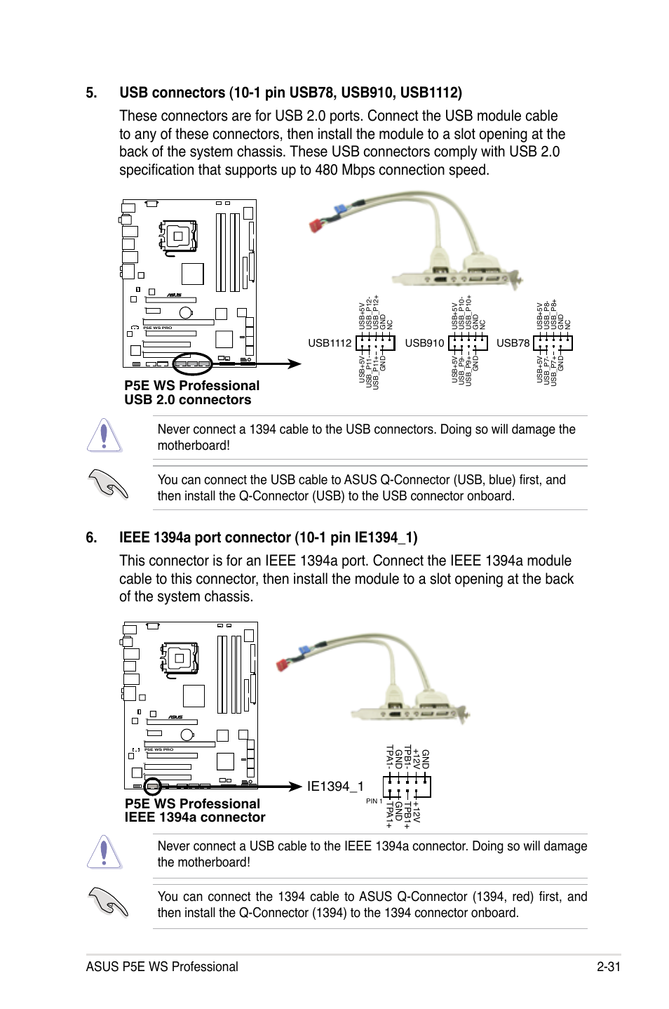 Asus p5e ws professional 2-31, P5e ws professional usb 2.0 connectors | Asus P5E WS Professional User Manual | Page 57 / 172