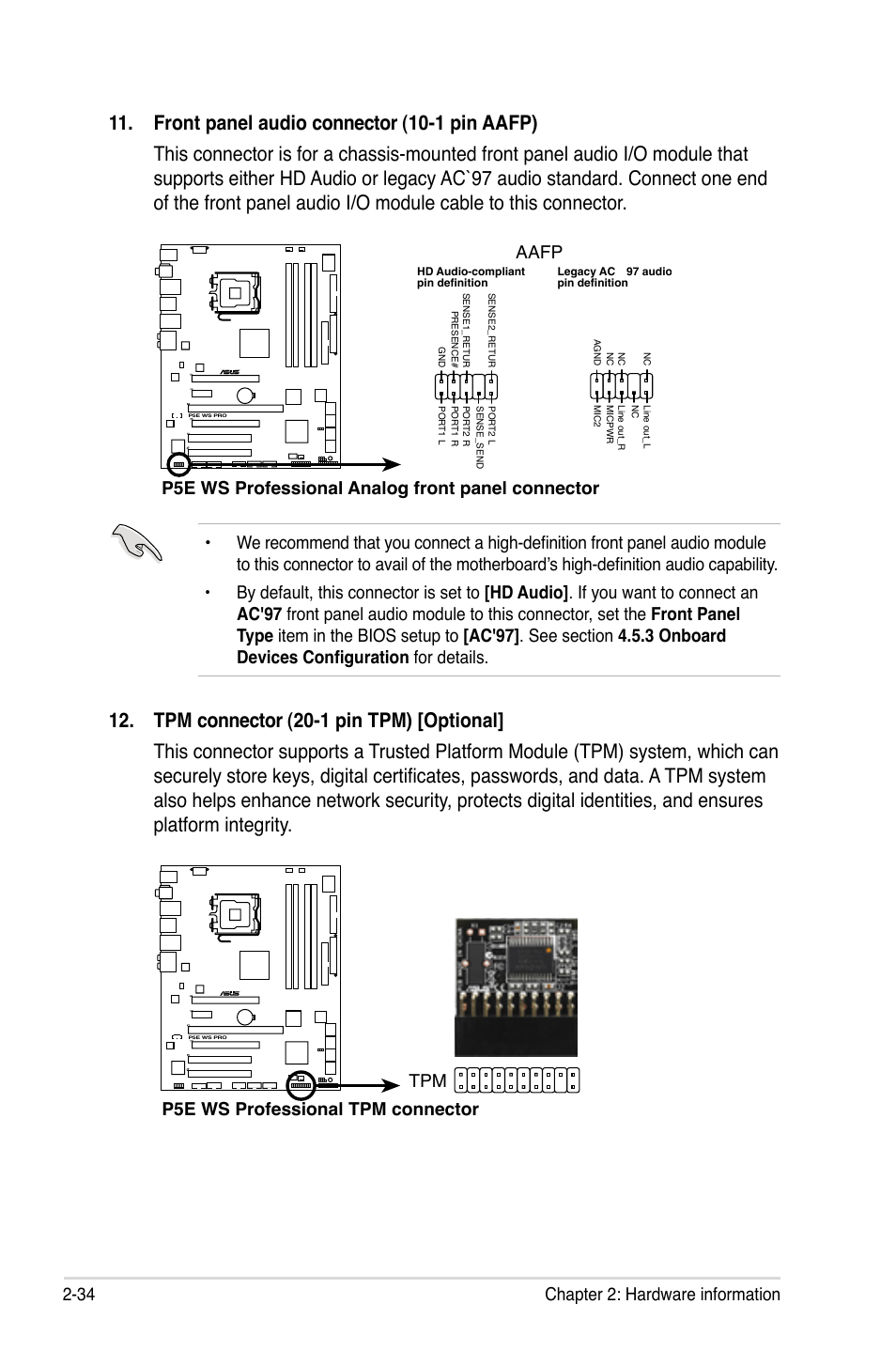 34 chapter 2: hardware information, P5e ws professional tpm connector tpm | Asus P5E WS Professional User Manual | Page 60 / 172