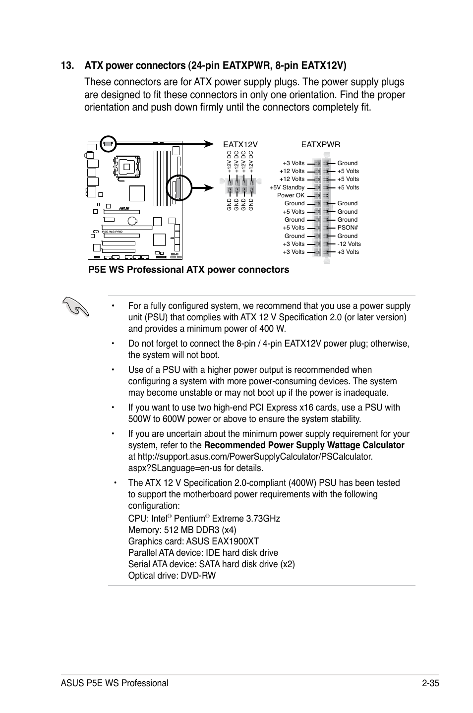 Pentium, P5e ws professional atx power connectors | Asus P5E WS Professional User Manual | Page 61 / 172