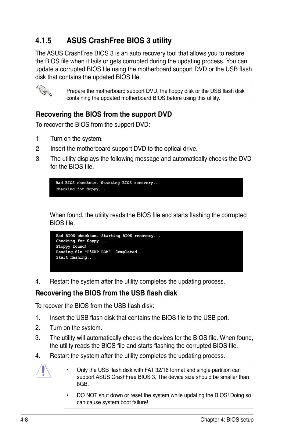 5 asus crashfree bios 3 utility, Recovering the bios from the support dvd, Recovering the bios from the usb flash disk | Asus P5E WS Professional User Manual | Page 78 / 172