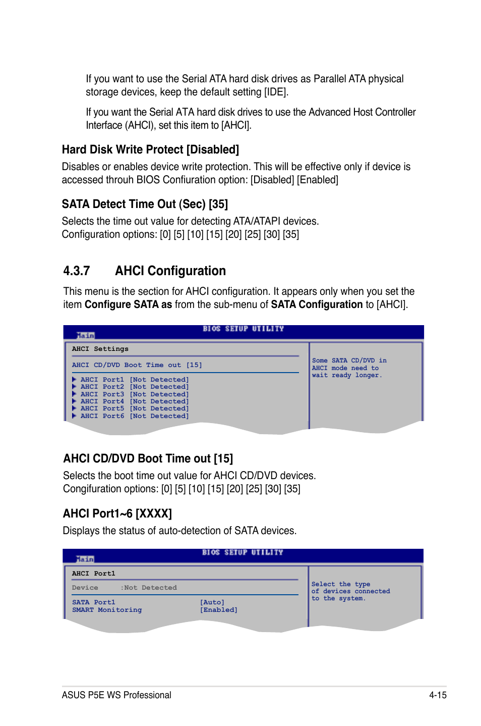 7 ahci configuration, Hard disk write protect [disabled, Sata detect time out (sec) [35 | Ahci cd/dvd boot time out [15 | Asus P5E WS Professional User Manual | Page 85 / 172