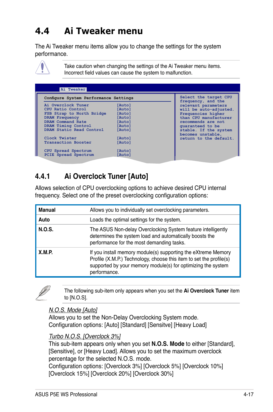 4 ai tweaker menu, 1 ai overclock tuner [auto | Asus P5E WS Professional User Manual | Page 87 / 172