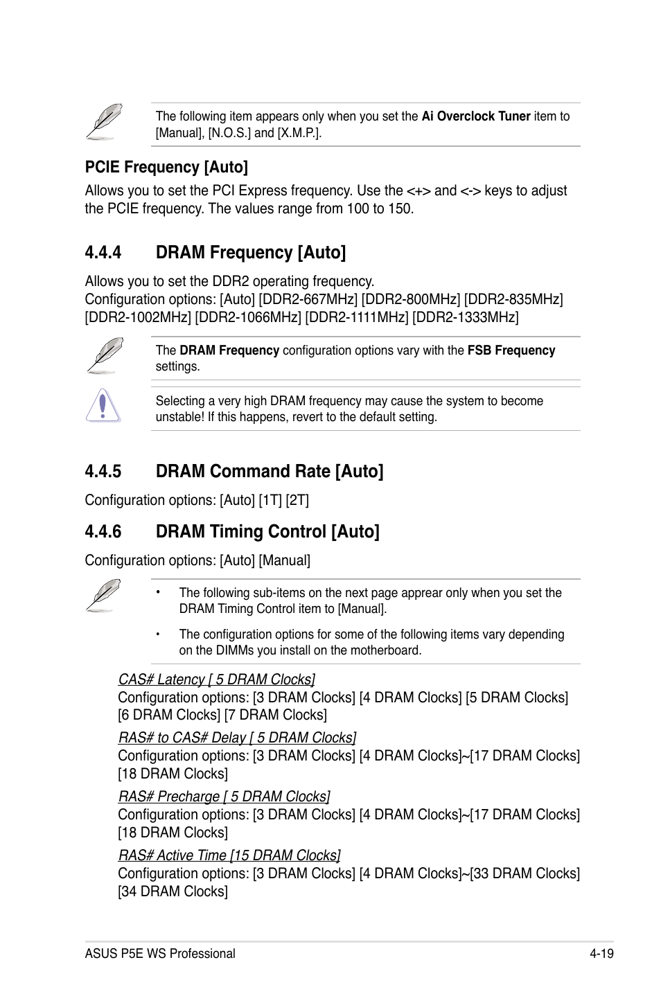 4 dram frequency [auto, 5 dram command rate [auto, 6 dram timing control [auto | Asus P5E WS Professional User Manual | Page 89 / 172