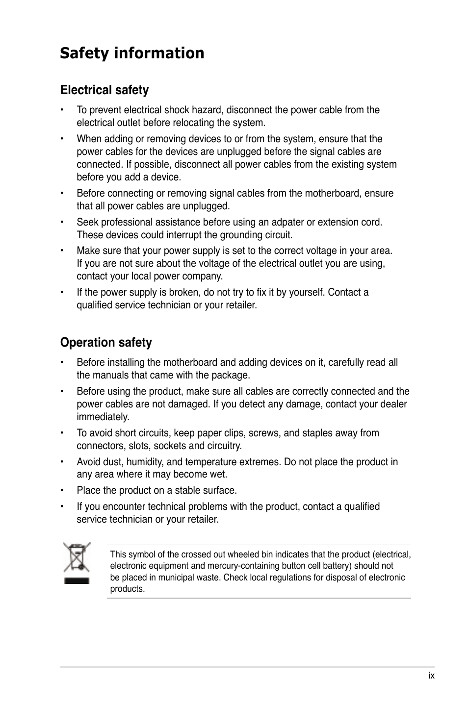 Safety information, Electrical safety, Operation safety | Asus P5E WS Professional User Manual | Page 9 / 172