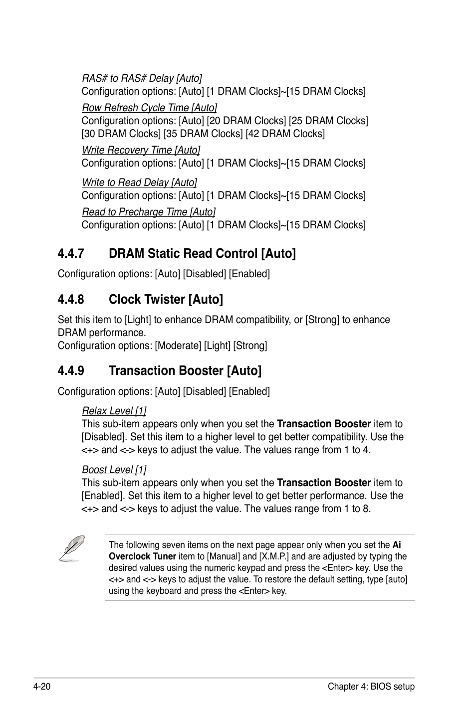 7 dram static read control [auto, 8 clock twister [auto, 9 transaction booster [auto | Asus P5E WS Professional User Manual | Page 90 / 172