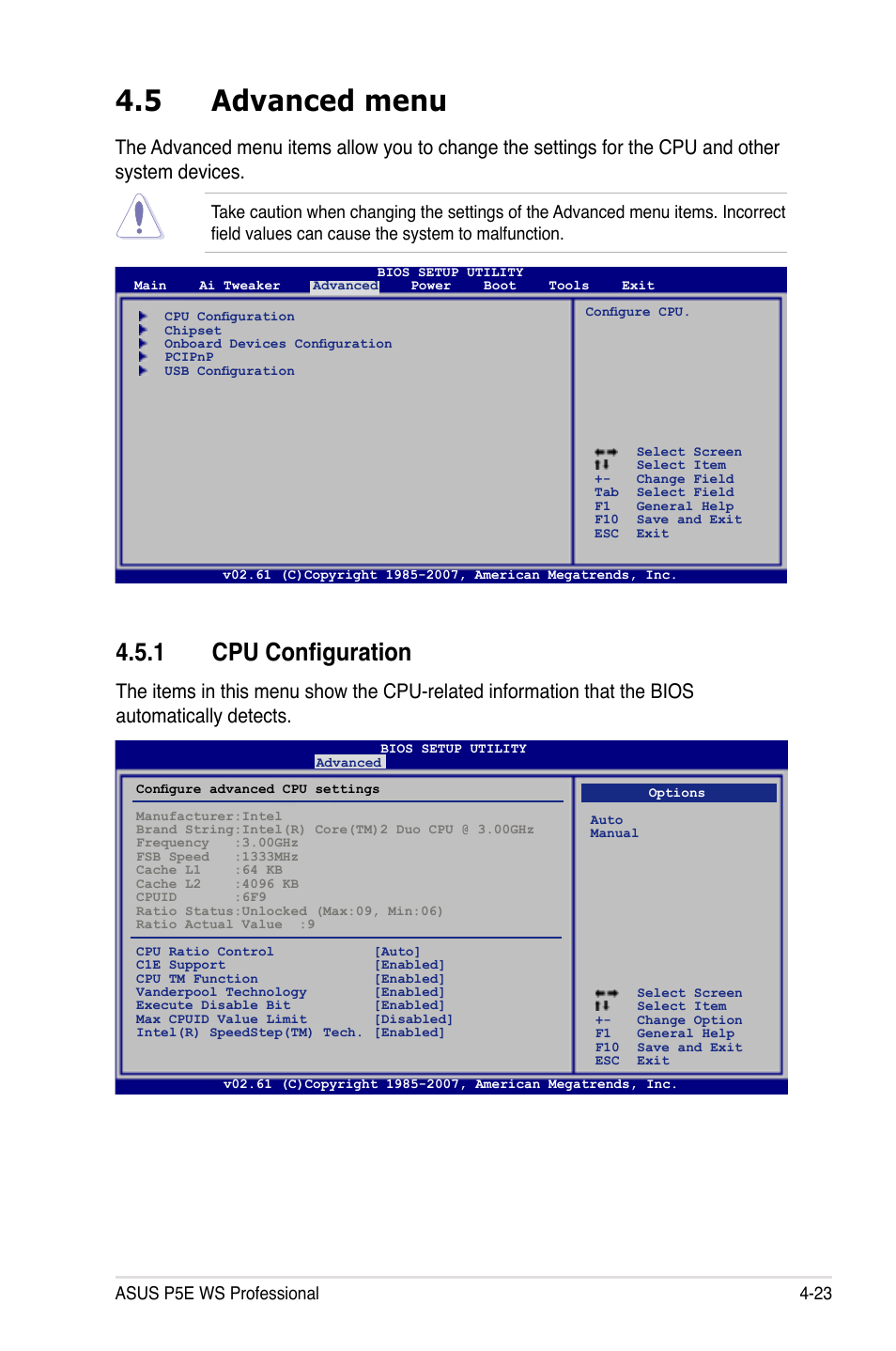 5 advanced menu, 1 cpu configuration, Asus p5e ws professional 4-23 | Asus P5E WS Professional User Manual | Page 93 / 172