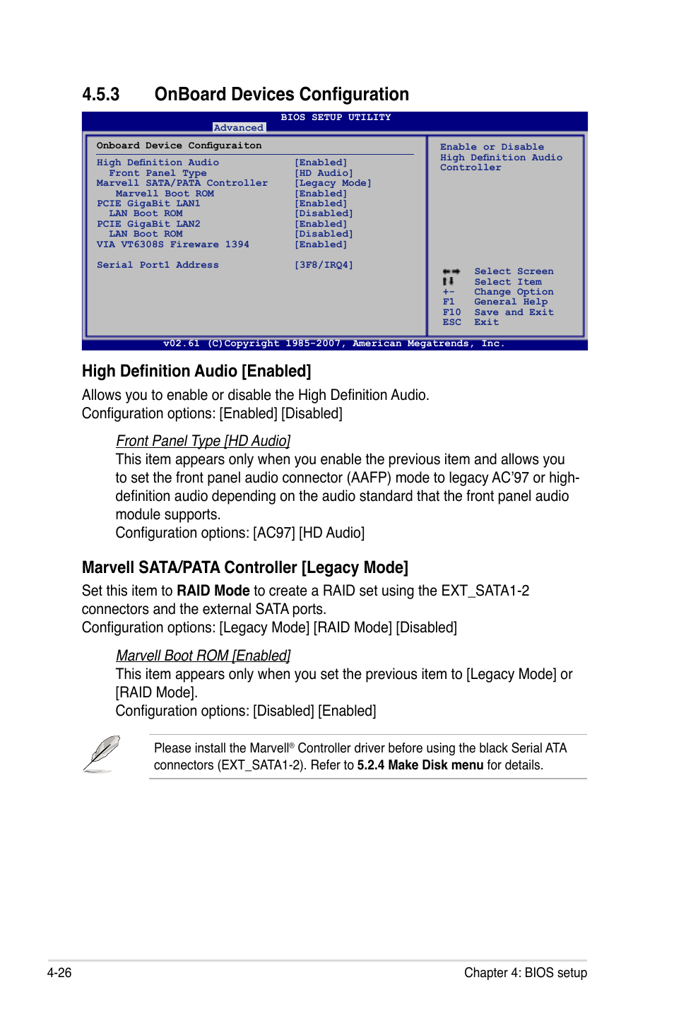 3 onboard devices configuration, High definition audio [enabled, Marvell sata/pata controller [legacy mode | Asus P5E WS Professional User Manual | Page 96 / 172