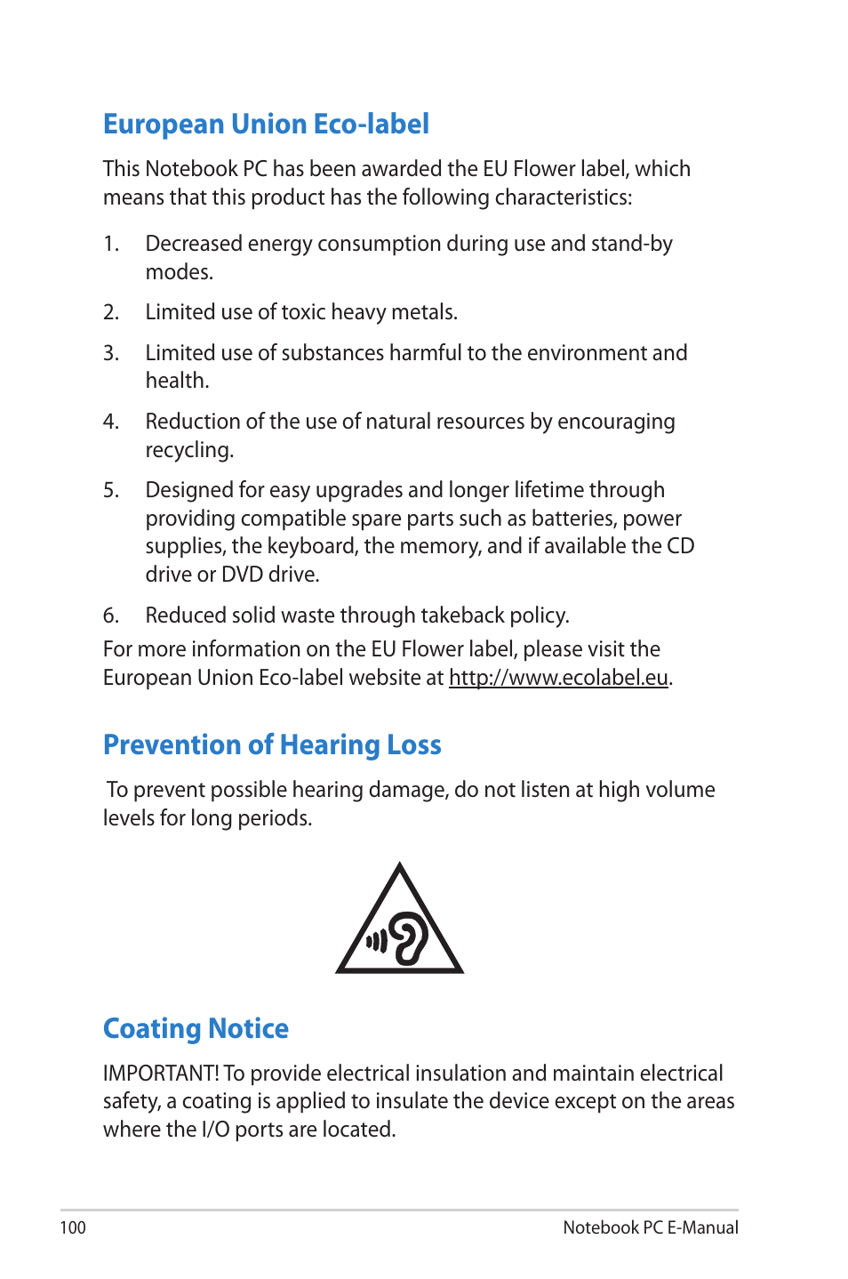 European union eco-label, Prevention of hearing loss, Coating notice | Asus G46VW User Manual | Page 100 / 102