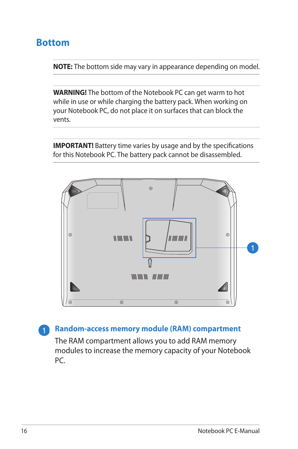 Bottom | Asus G46VW User Manual | Page 16 / 102