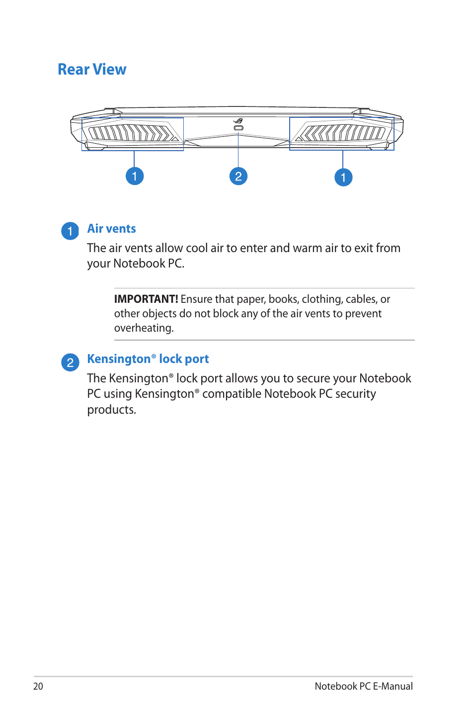 Rear view | Asus G46VW User Manual | Page 20 / 102