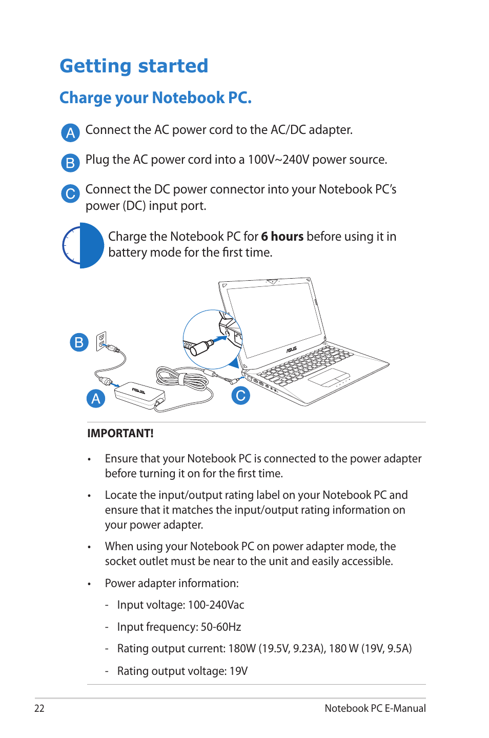 Getting started, Charge your notebook pc | Asus G46VW User Manual | Page 22 / 102