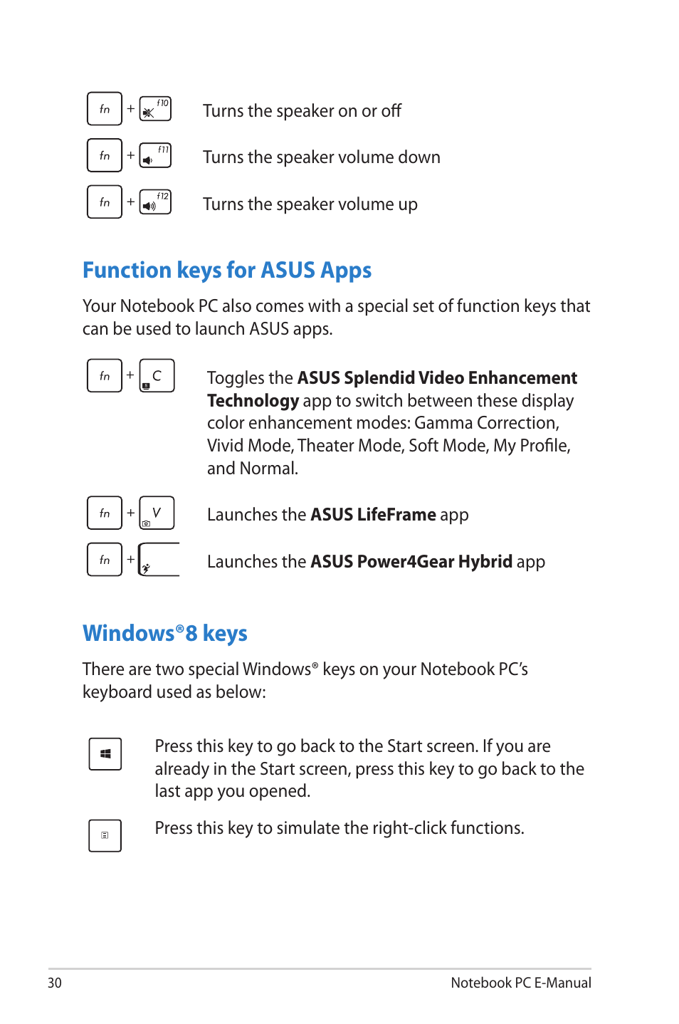 Function keys for asus apps, Windows®8 keys, Function keys for asus apps windows®8 keys | Asus G46VW User Manual | Page 30 / 102