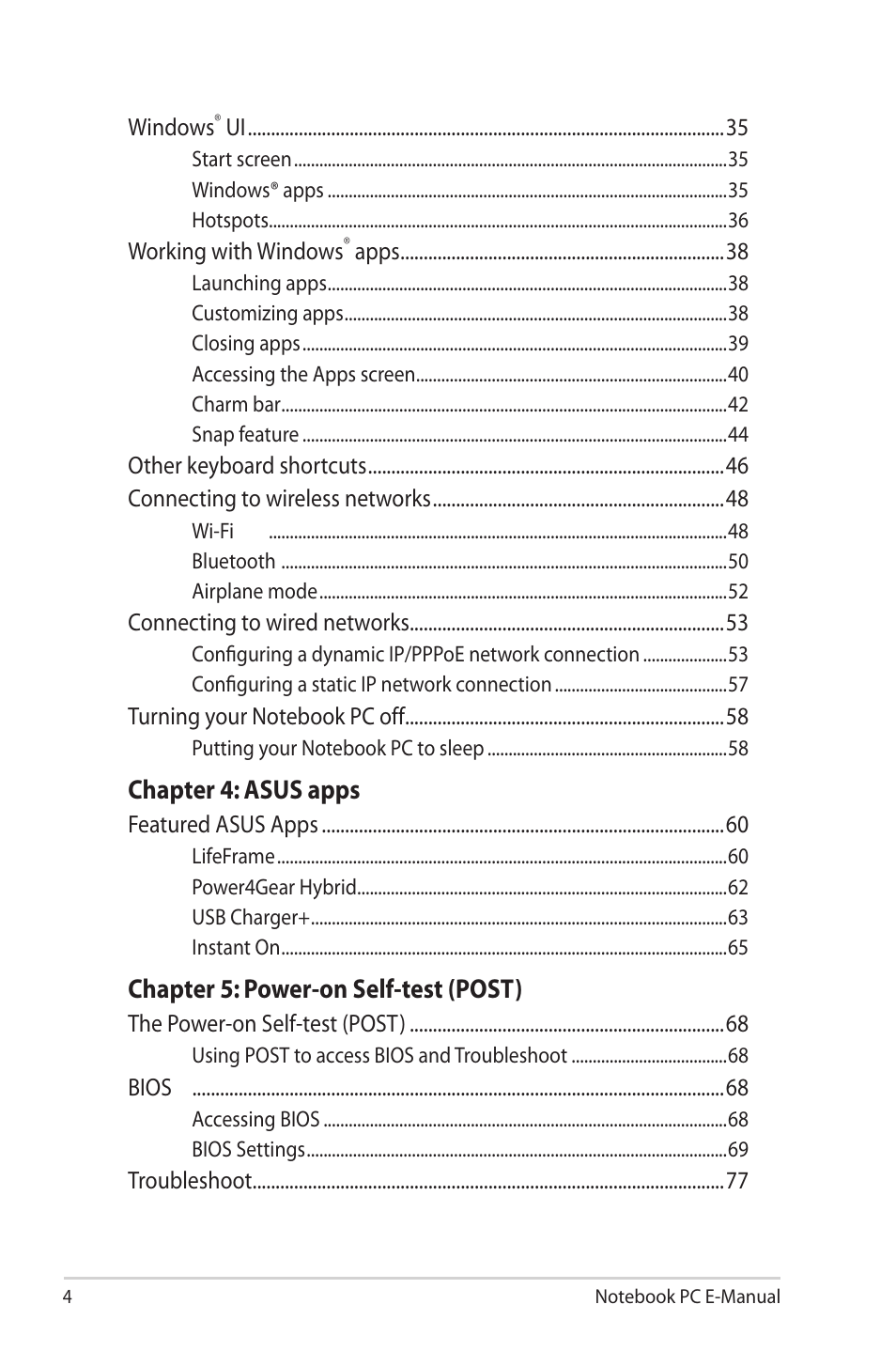 Chapter 4: asus apps, Chapter 5: power-on self-test (post) | Asus G46VW User Manual | Page 4 / 102