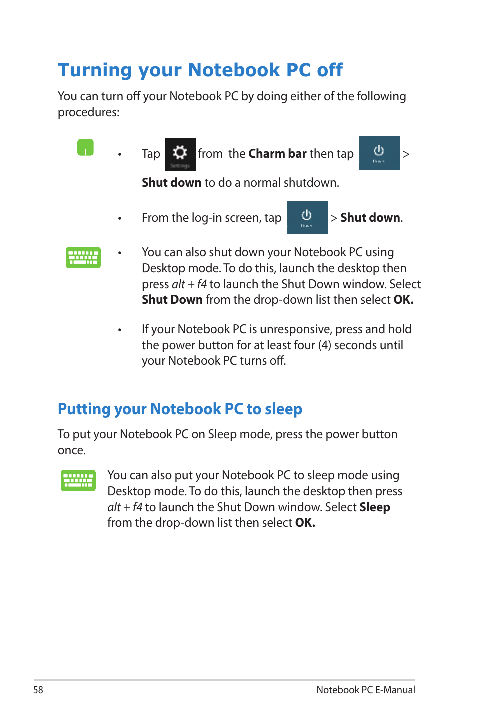 Turning your notebook pc off, Putting your notebook pc to sleep | Asus G46VW User Manual | Page 58 / 102