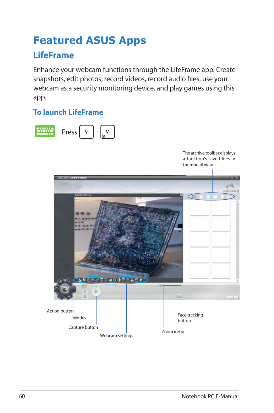 Featured asus apps, Lifeframe, Press | Asus G46VW User Manual | Page 60 / 102