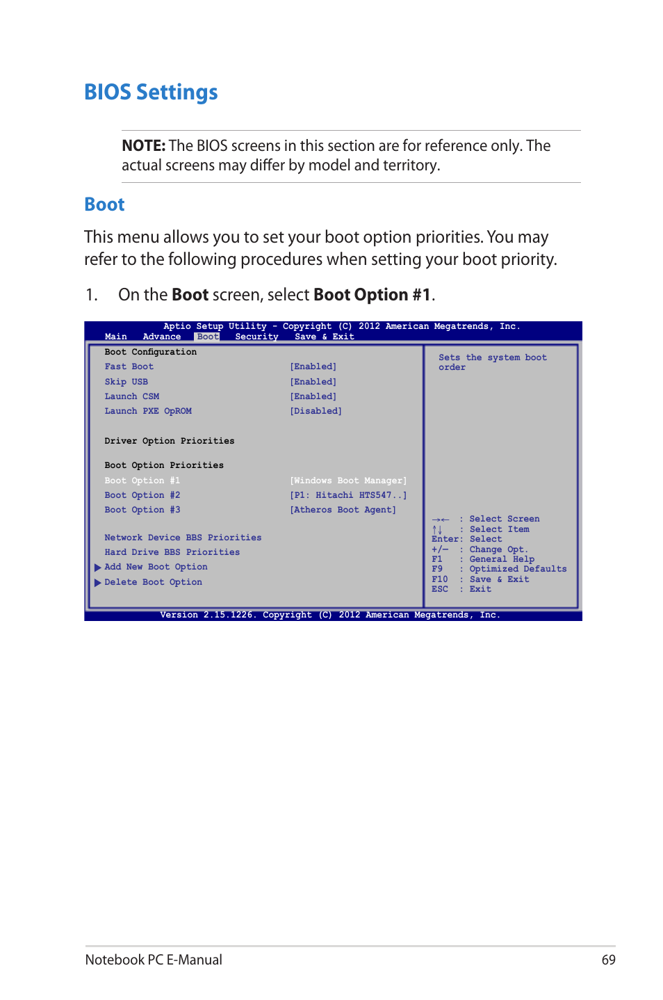 Bios settings, Boot | Asus G46VW User Manual | Page 69 / 102