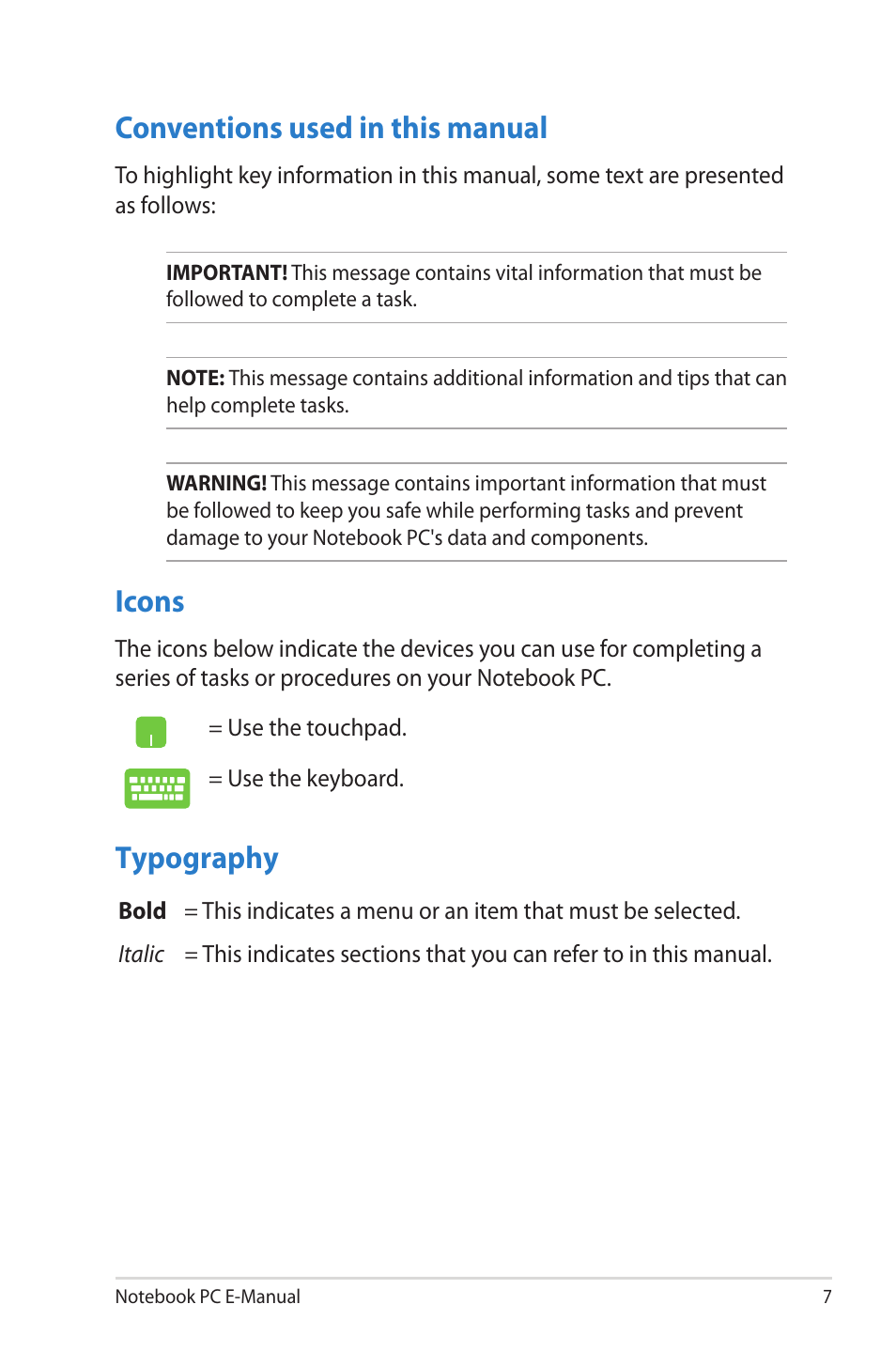 Conventions used in this manual, Icons, Typography | Conventions used in this manual icons | Asus G46VW User Manual | Page 7 / 102