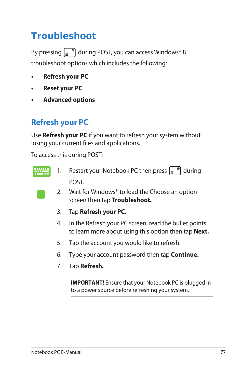 Troubleshoot, Refresh your pc | Asus G46VW User Manual | Page 77 / 102